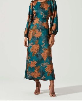 Astr Teal Maxi Dress with Rust Floral Motif